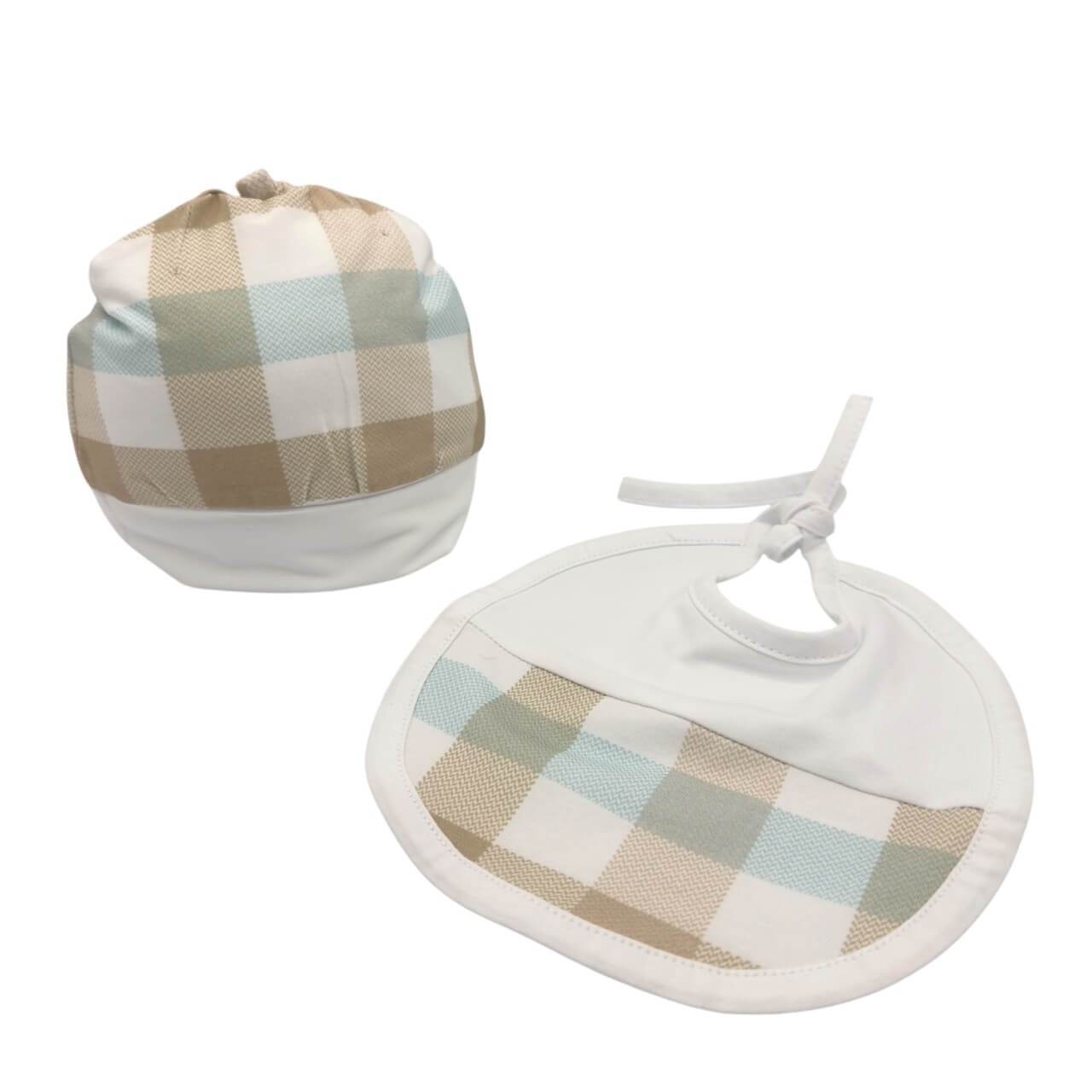 Pastellfarbenes Set aus Baumwollmütze und Lätzchen, 0/3 Monate