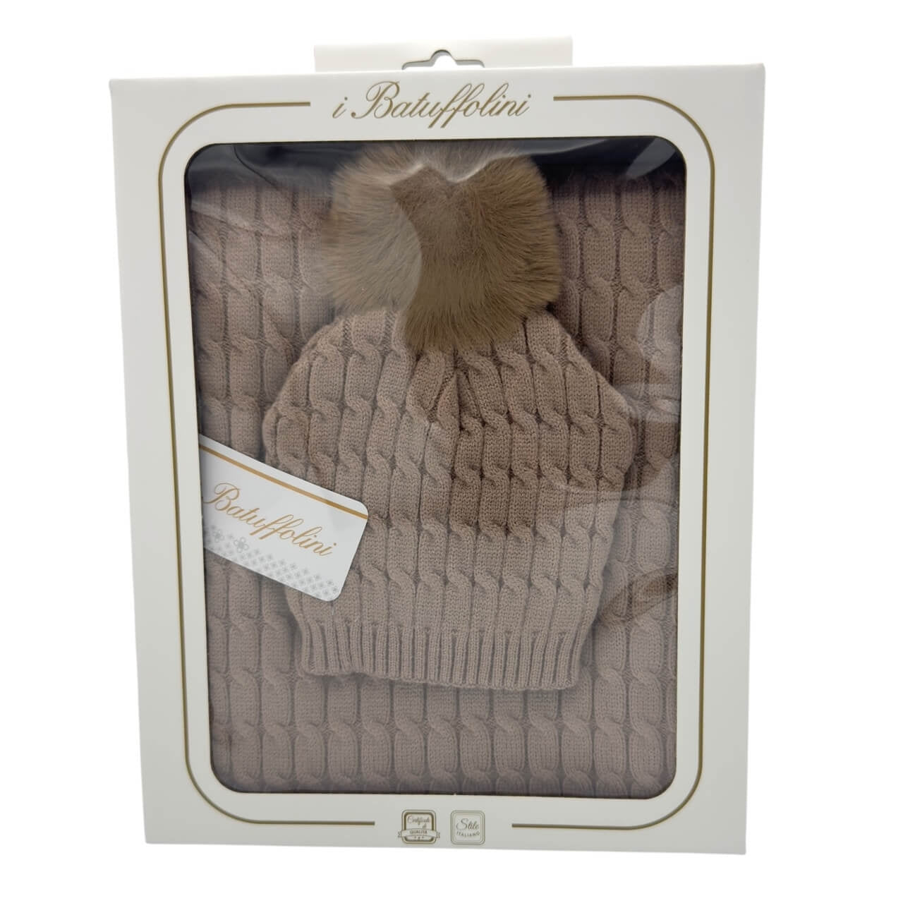 Komplette Mütze mit Bommel + Schal aus Wollmischung