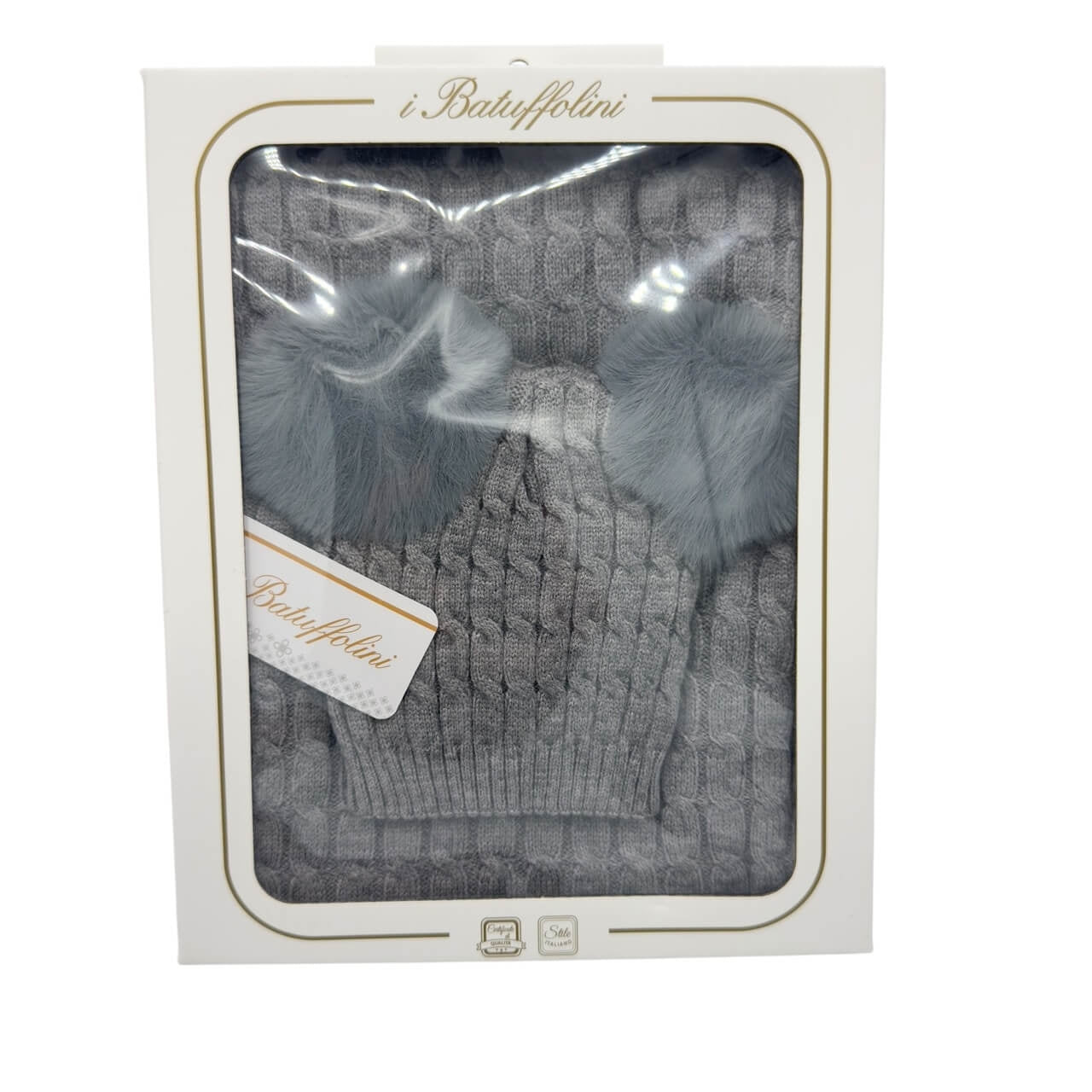 Komplette Mütze mit 2 Bommeln + Schal aus Wollmischung