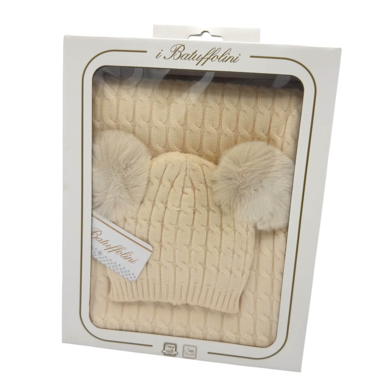 Komplette Mütze mit 2 Bommeln + Schal aus Wollmischung