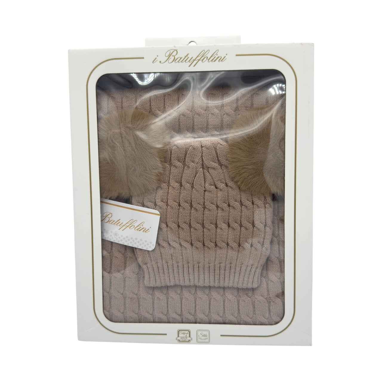 Komplette Mütze mit 2 Bommeln + Schal aus Wollmischung