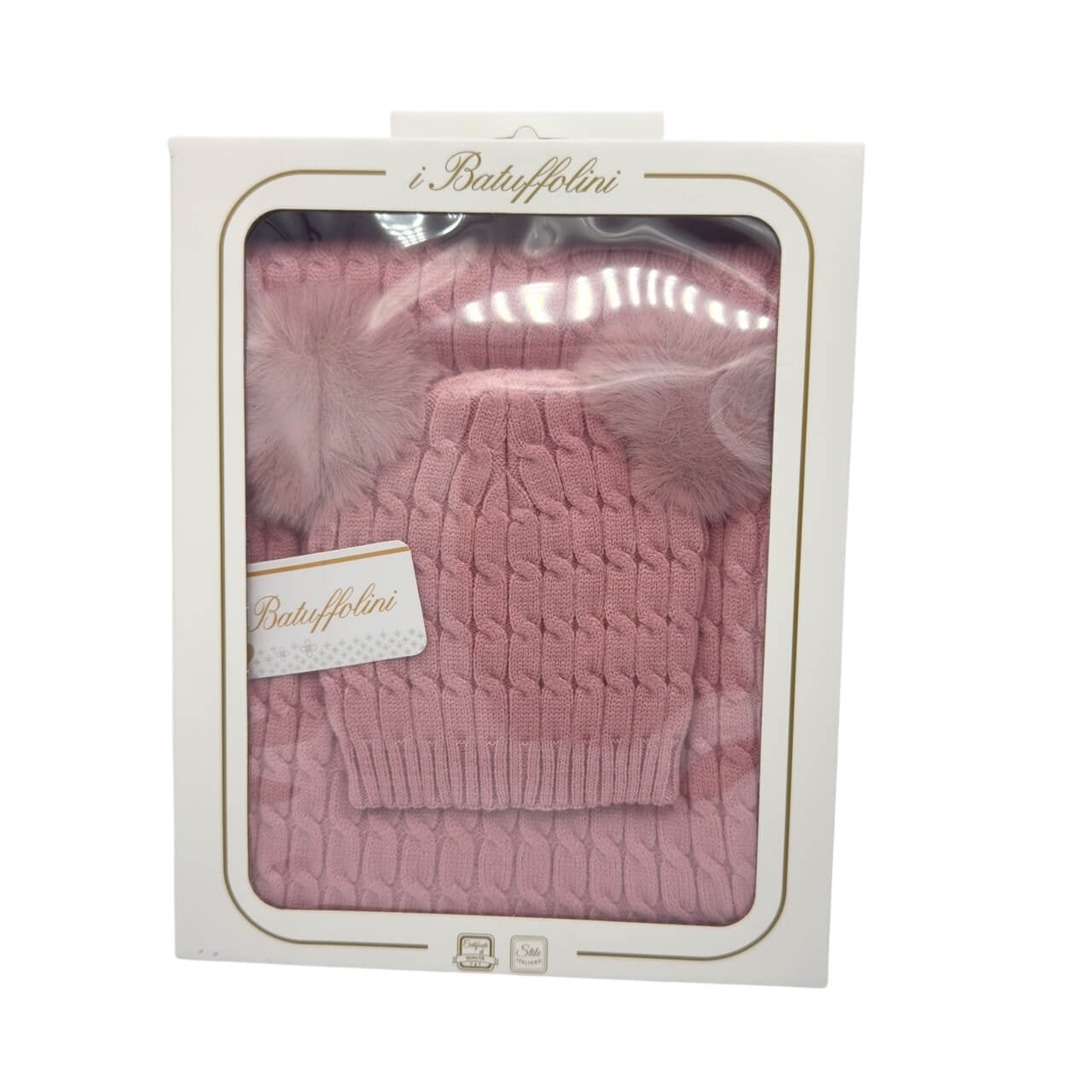 Komplette Mütze mit 2 Bommeln + Schal aus Wollmischung