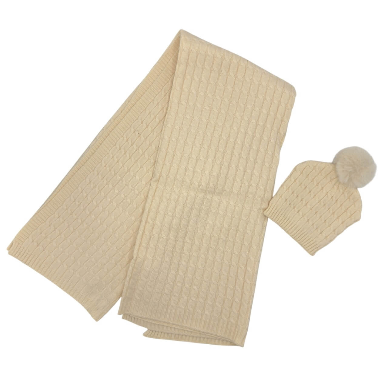 Komplette Mütze mit Bommel + Schal aus Wollmischung