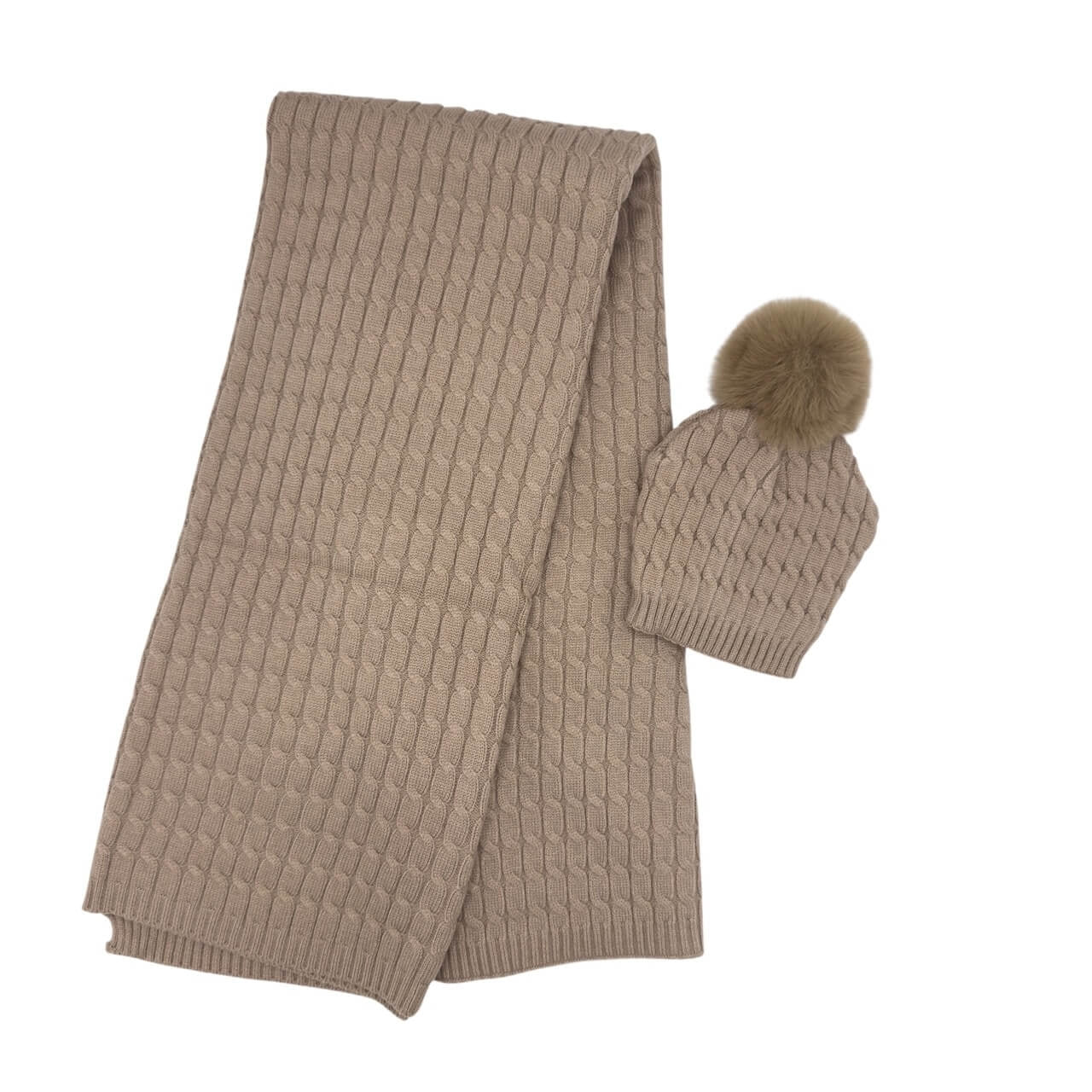 Komplette Mütze mit Bommel + Schal aus Wollmischung