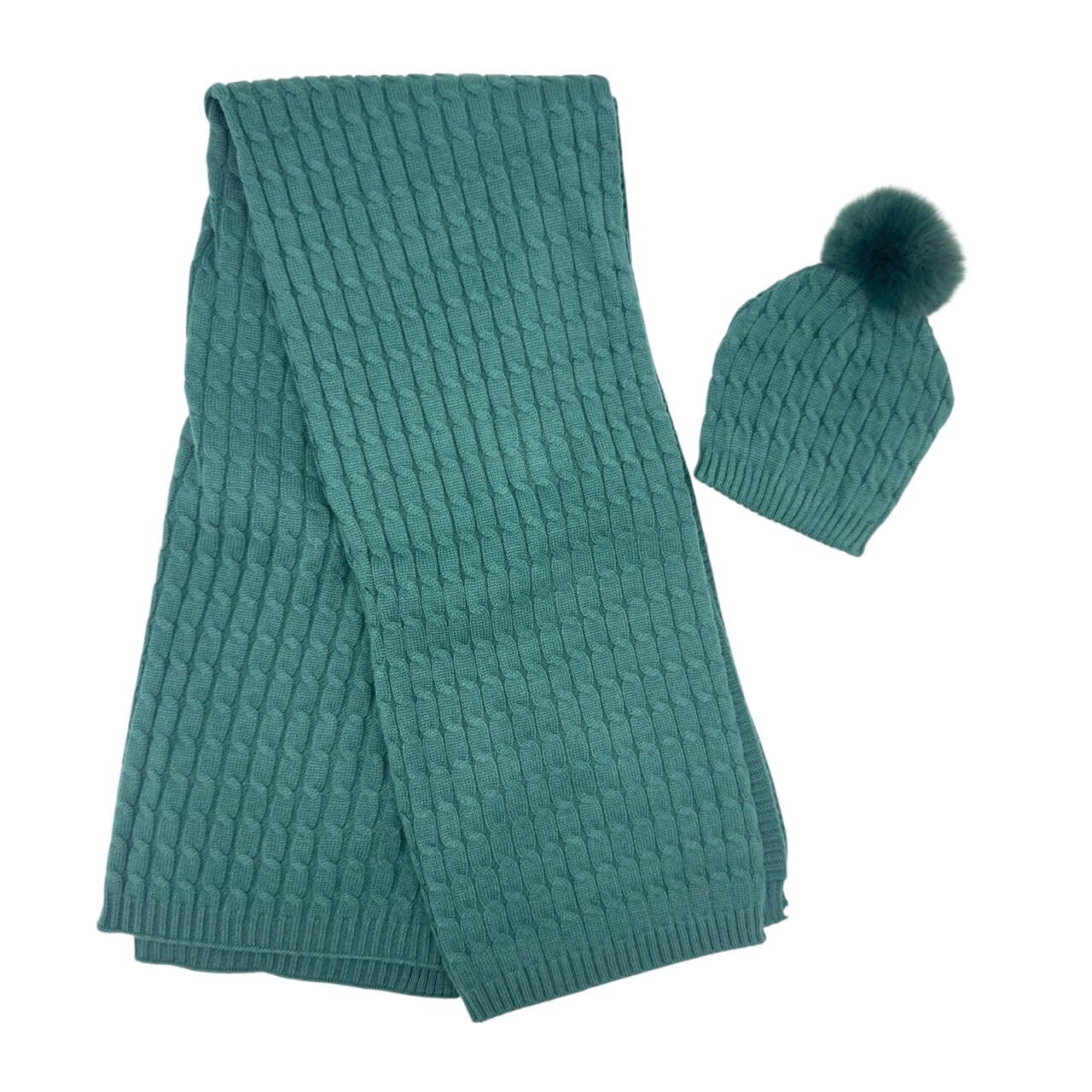 Komplette Mütze mit Bommel + Schal aus Wollmischung