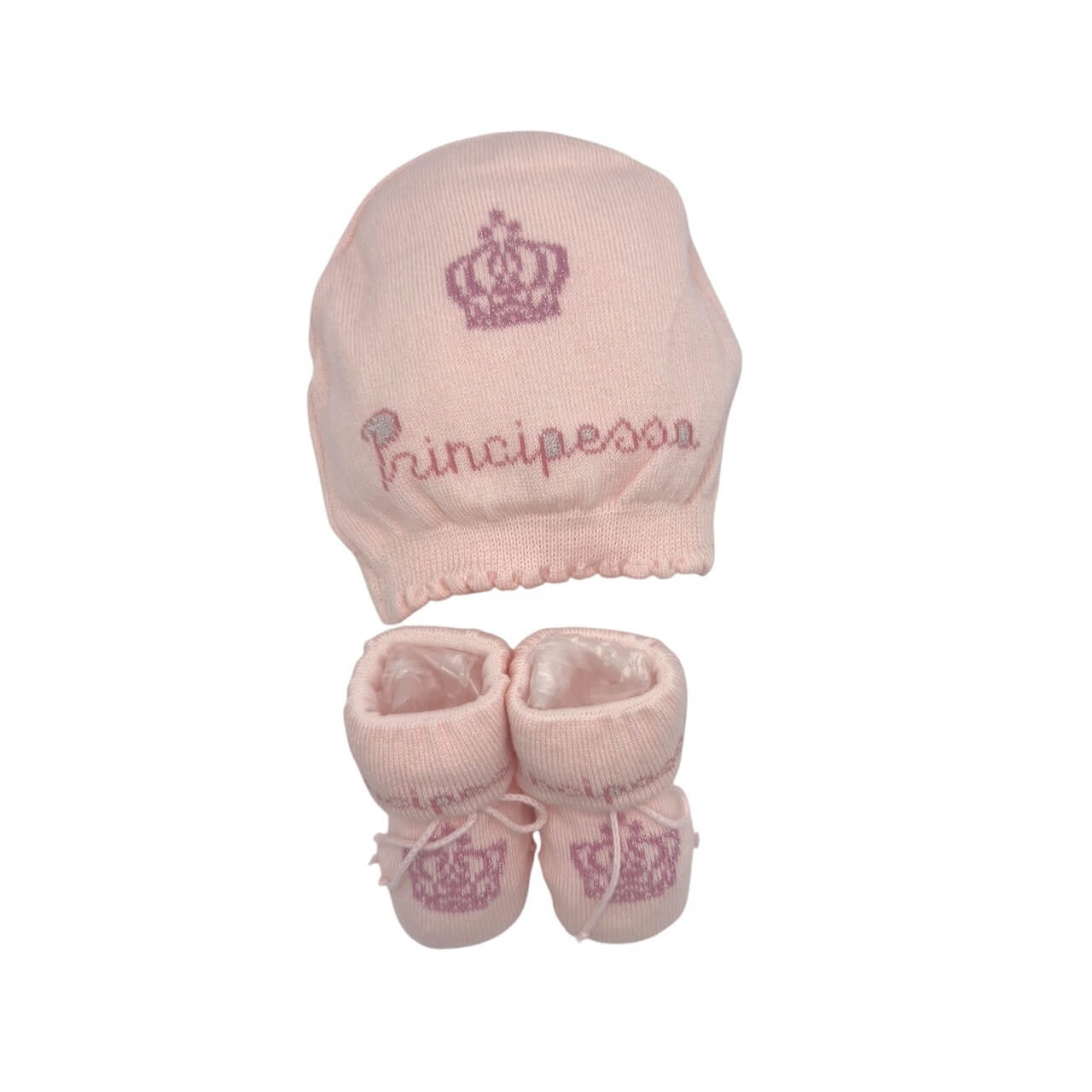 Prinzessinnen-Set mit Mütze und Schuhen aus warmer Baumwolle, 0/6 Monate