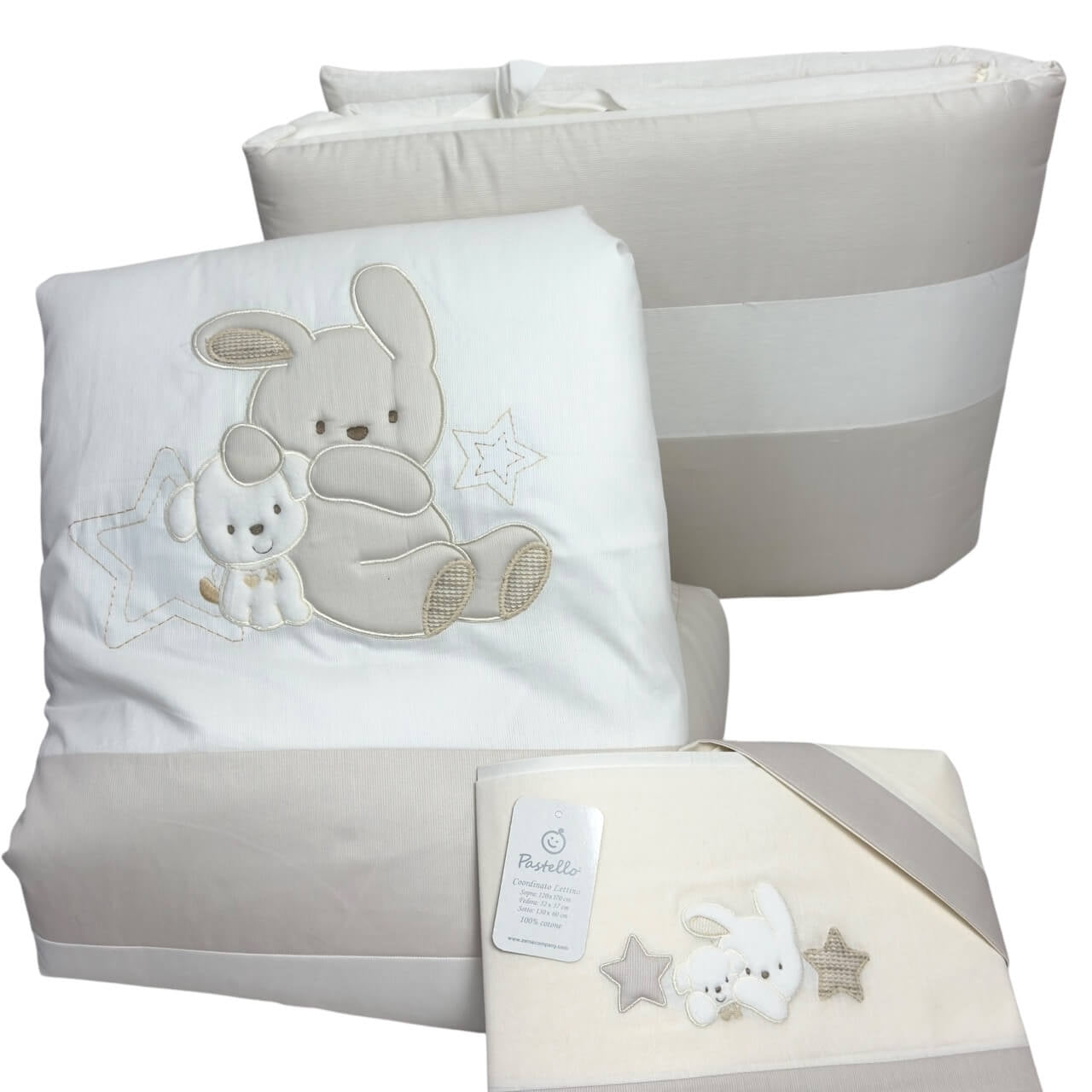 Completo trapunta lettino con lenzuola e paracolpi Pastello