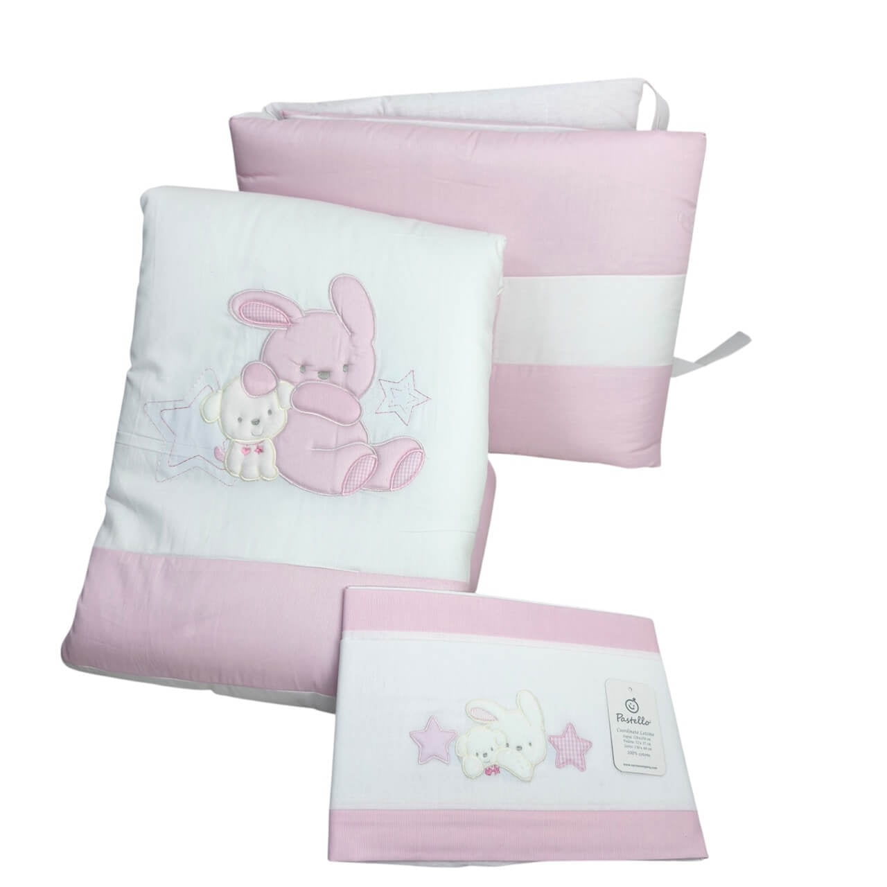 Completo trapunta lettino con lenzuola e paracolpi Pastello