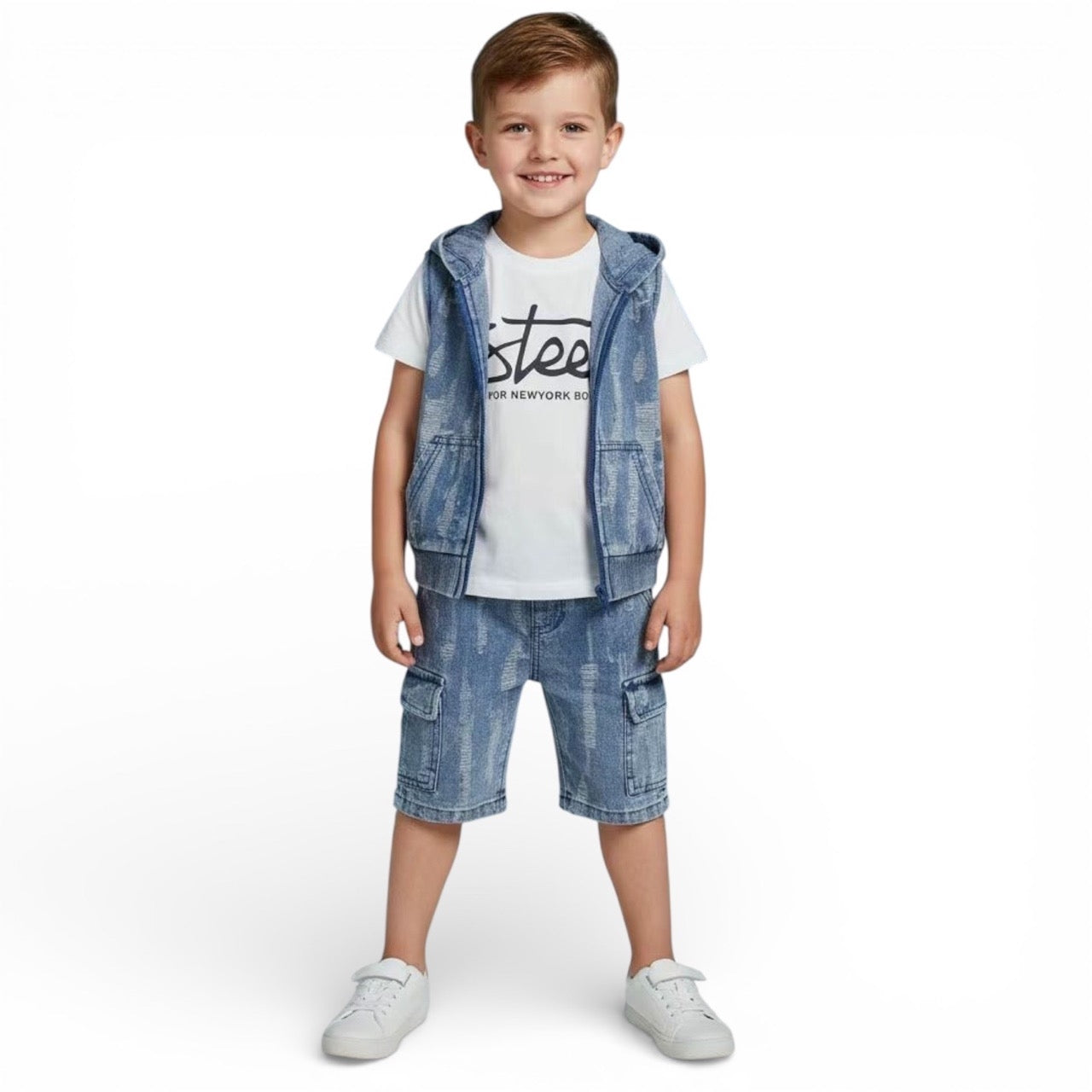 Komplettes 3-teiliges Set für Babys aus Jeansstoff